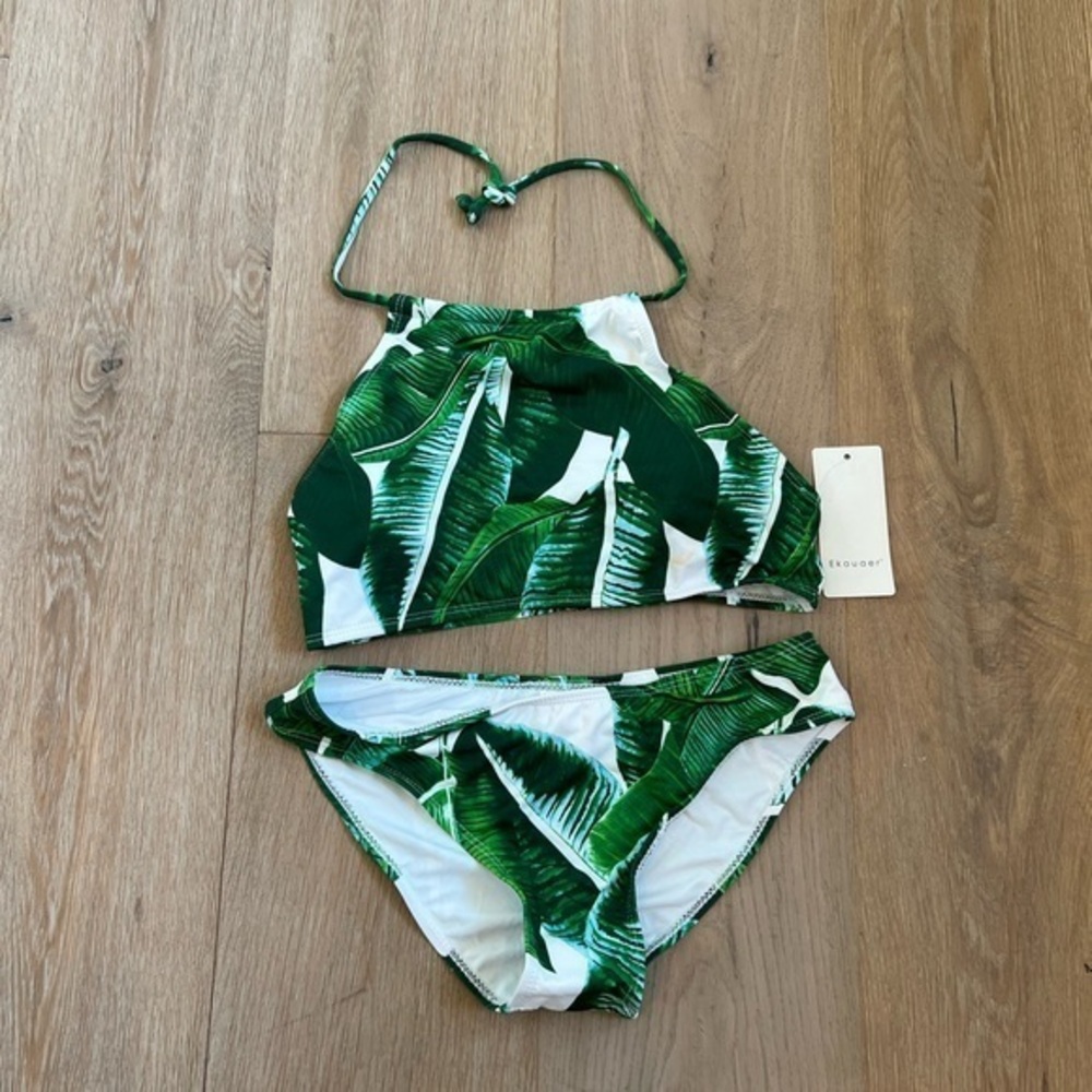 Tropical Green Leaf Print Kids Swim Set